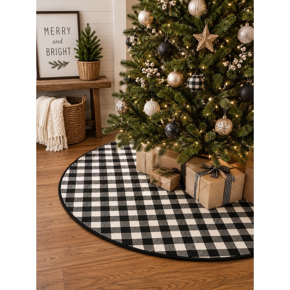 At Home Homespun Holiday 48" Christmas Tree Skirt Blk White Buffalo Check Plaid